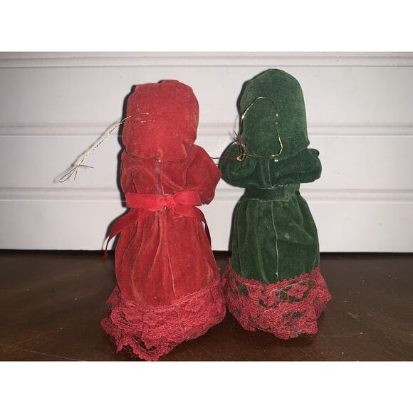 2 vintage Doll Christmas Carolers ornaments Velvet Dresses Ornaments - Picture 3 of 5